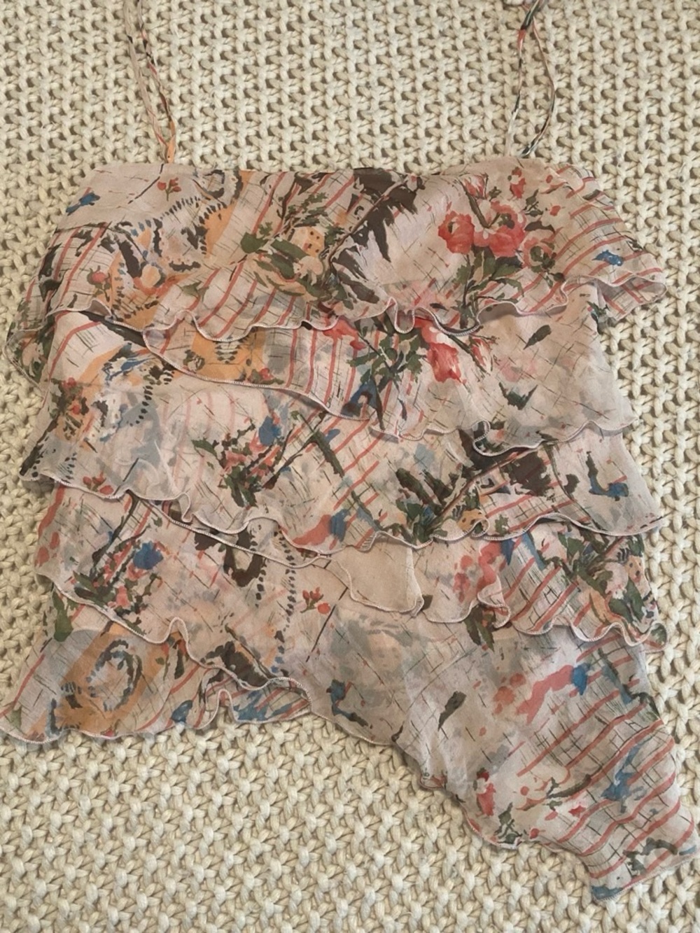 BCBGMaxAzria Beige Floral Ruffle Layered Scarf Top